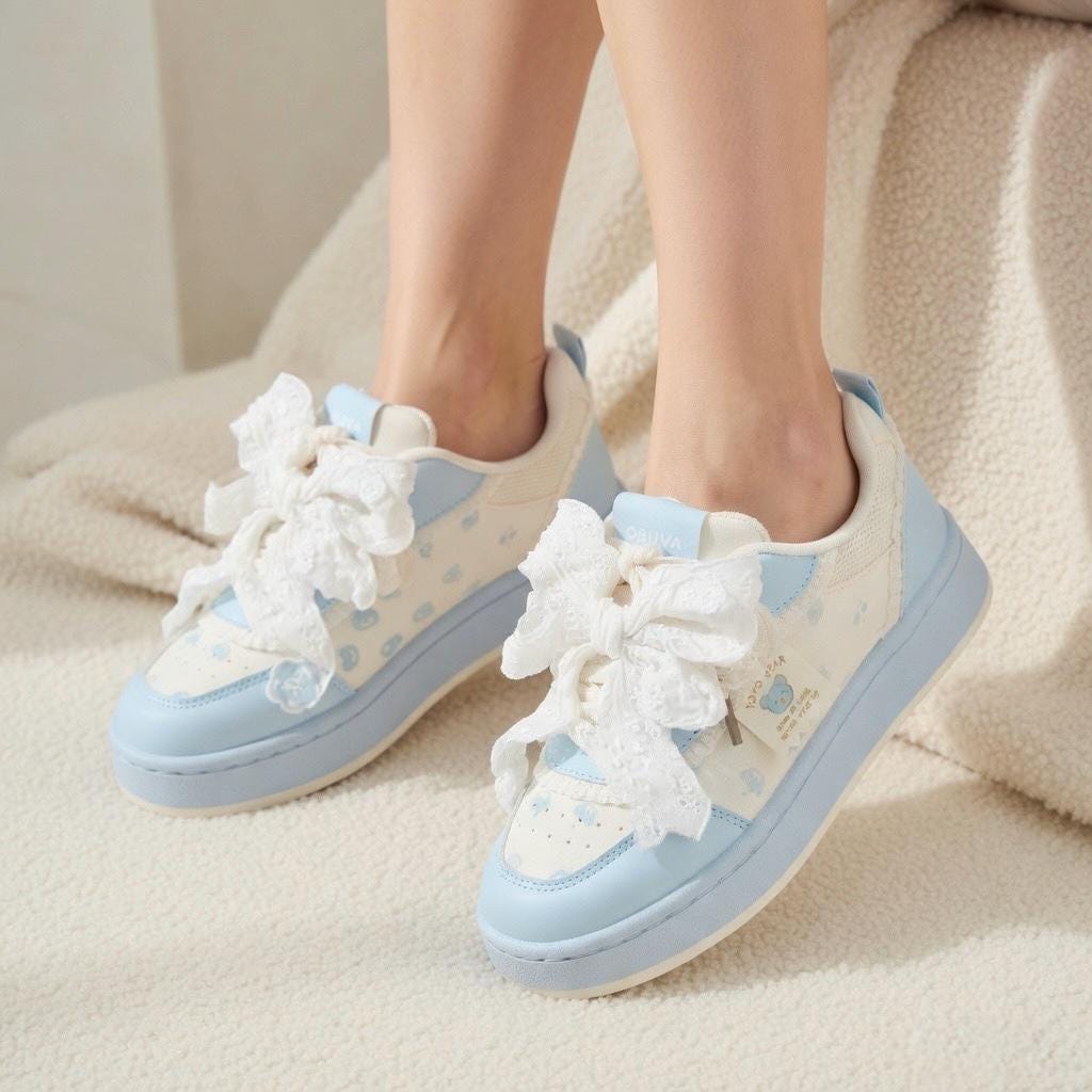 SoftSlipsy Women's Bow Platform Sneakers | Korean Style Lace Up Trainers, Thick Sole Shoes