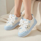 SoftSlipsy Women's Bow Platform Sneakers | Korean Style Lace Up Trainers, Thick Sole Shoes
