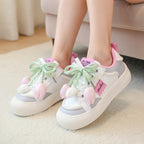 SoftSlipsy Tulip Platform Sneakers Women | Cute Korean Style Mesh Sneakers | Thick Sole Casual Shoes | Soft Girl Lace Up Trainers