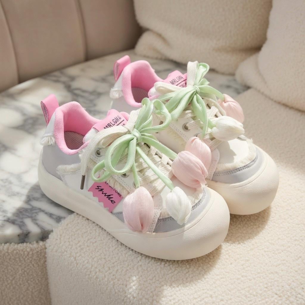 SoftSlipsy Tulip Platform Sneakers Women | Cute Korean Style Mesh Sneakers | Thick Sole Casual Shoes | Soft Girl Lace Up Trainers