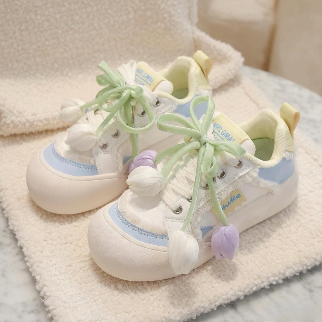 SoftSlipsy Tulip Platform Sneakers Women | Cute Korean Style Mesh Sneakers | Thick Sole Casual Shoes | Soft Girl Lace Up Trainers