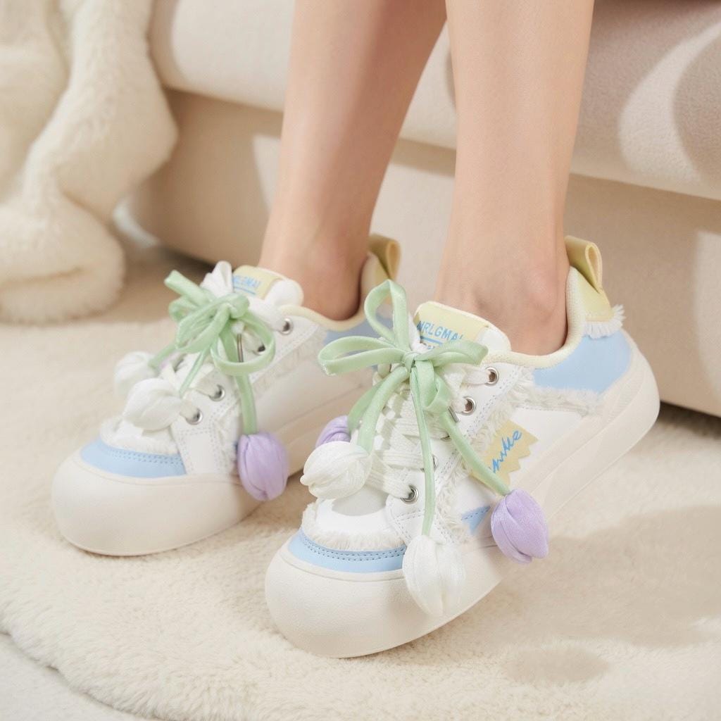 SoftSlipsy Tulip Platform Sneakers Women | Cute Korean Style Mesh Sneakers | Thick Sole Casual Shoes | Soft Girl Lace Up Trainers