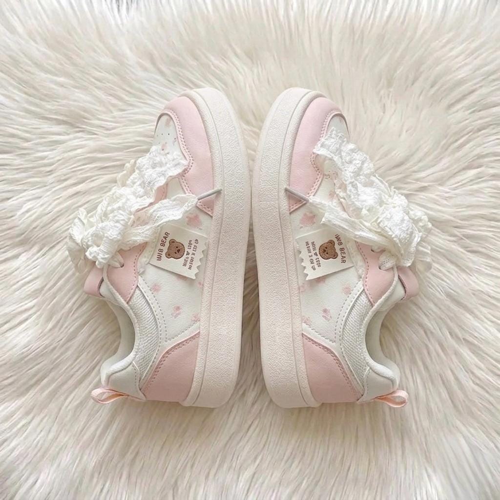 SoftSlipsy Women's Bow Platform Sneakers | Korean Style Lace Up Trainers, Thick Sole Shoes