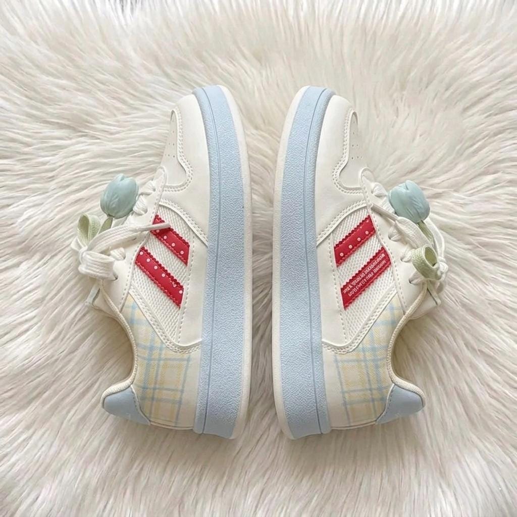 SoftSlipsy Tulip Mesh Platform Sneakers for Women | Breathable Cute Casual Sneakers | Soft Girl Lace Up Shoes | Lightweight Daily Trainers