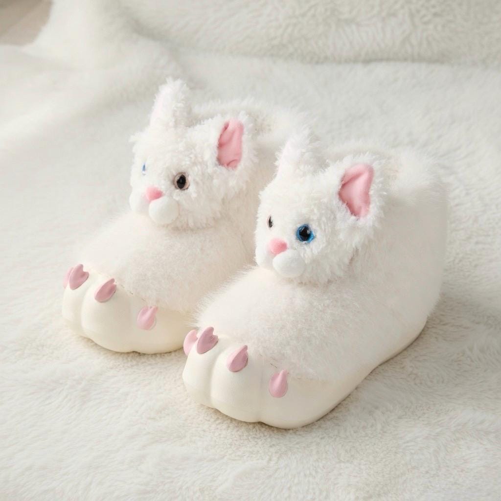 Cat Paw Plush Slippers | Kawaii Animal Indoor Cozy Winter Home Shoes | SoftSlipsy
