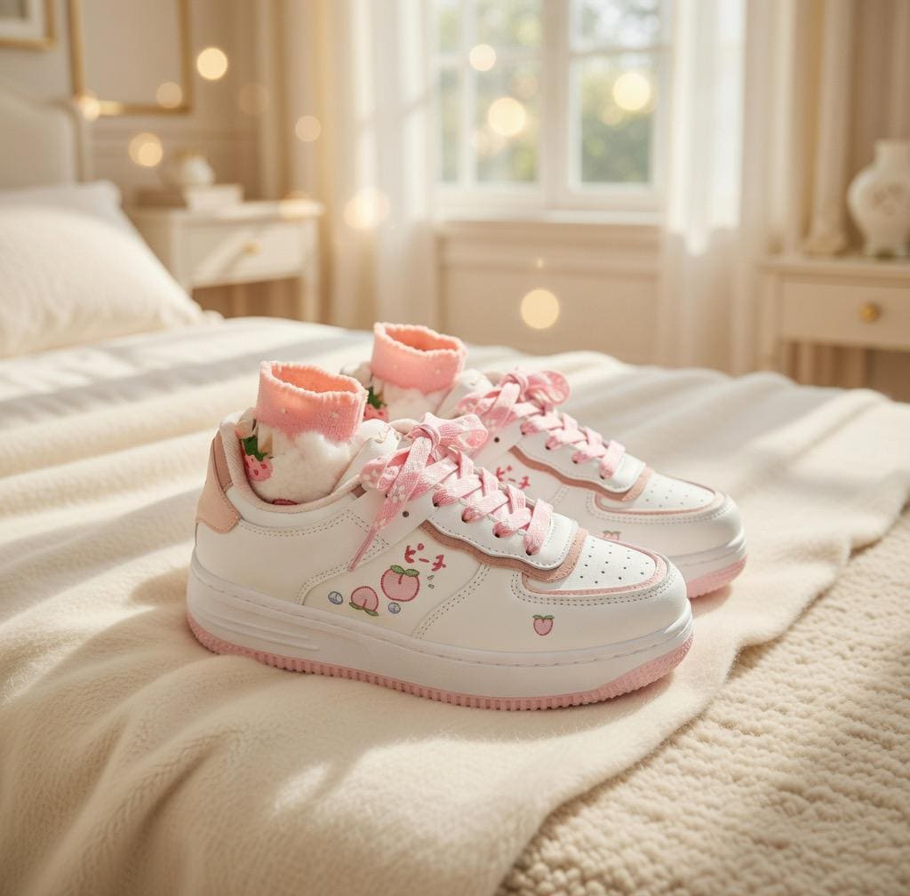 May include: White trainers with pink detailing, laces, and soles. The shoes have a peach graphic and Japanese text. The trainers are paired with white socks with pink strawberry details. The shoes are on a cream-coloured blanket.