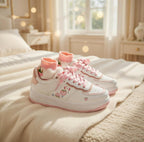 May include: White trainers with pink detailing, laces, and soles. The shoes have a peach graphic and Japanese text. The trainers are paired with white socks with pink strawberry details. The shoes are on a cream-coloured blanket.