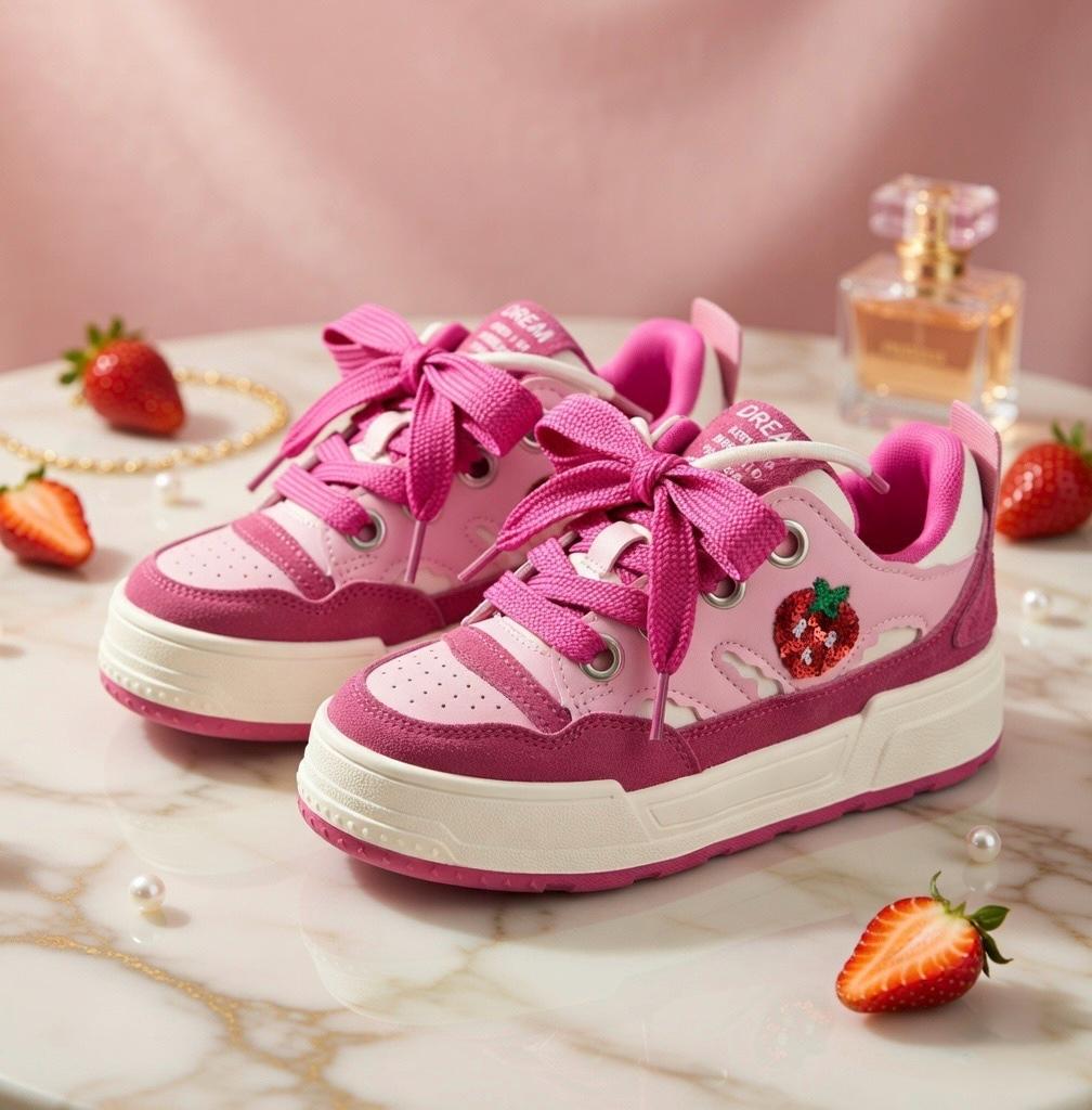 SoftSlipsy Pink Strawberry Platform Sneakers | Kawaii Chunky Sole Trainers, Korean Casual