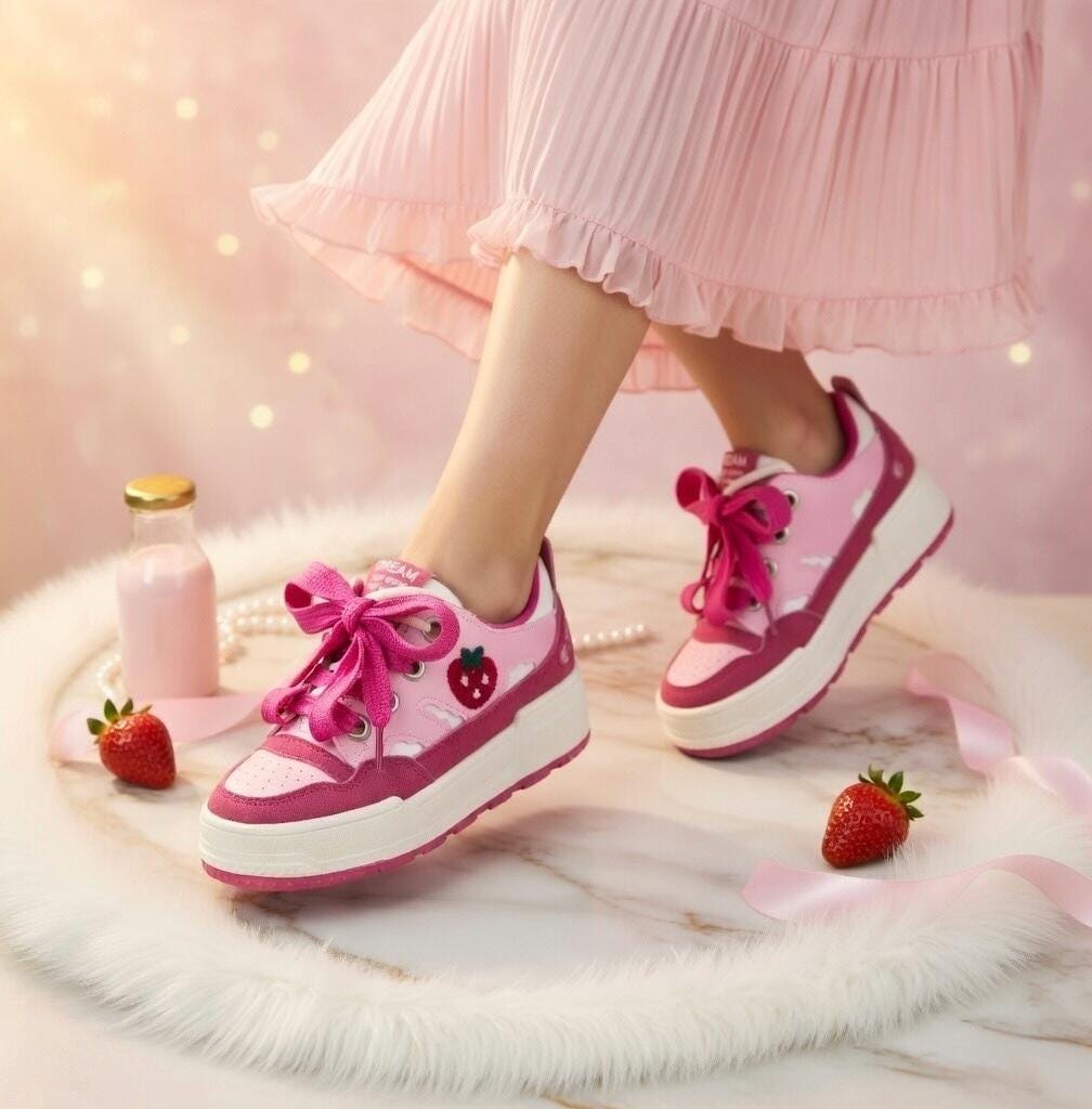 SoftSlipsy Pink Strawberry Platform Sneakers | Kawaii Chunky Sole Trainers, Korean Casual
