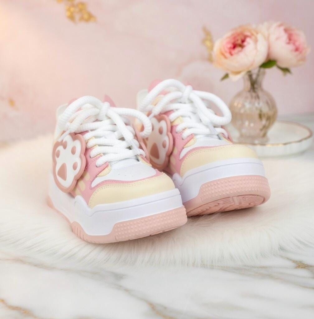 SoftSlipsy Cat Paw Platform Sneakers | White Chunky Kawaii Trainers, Korean Streetwear