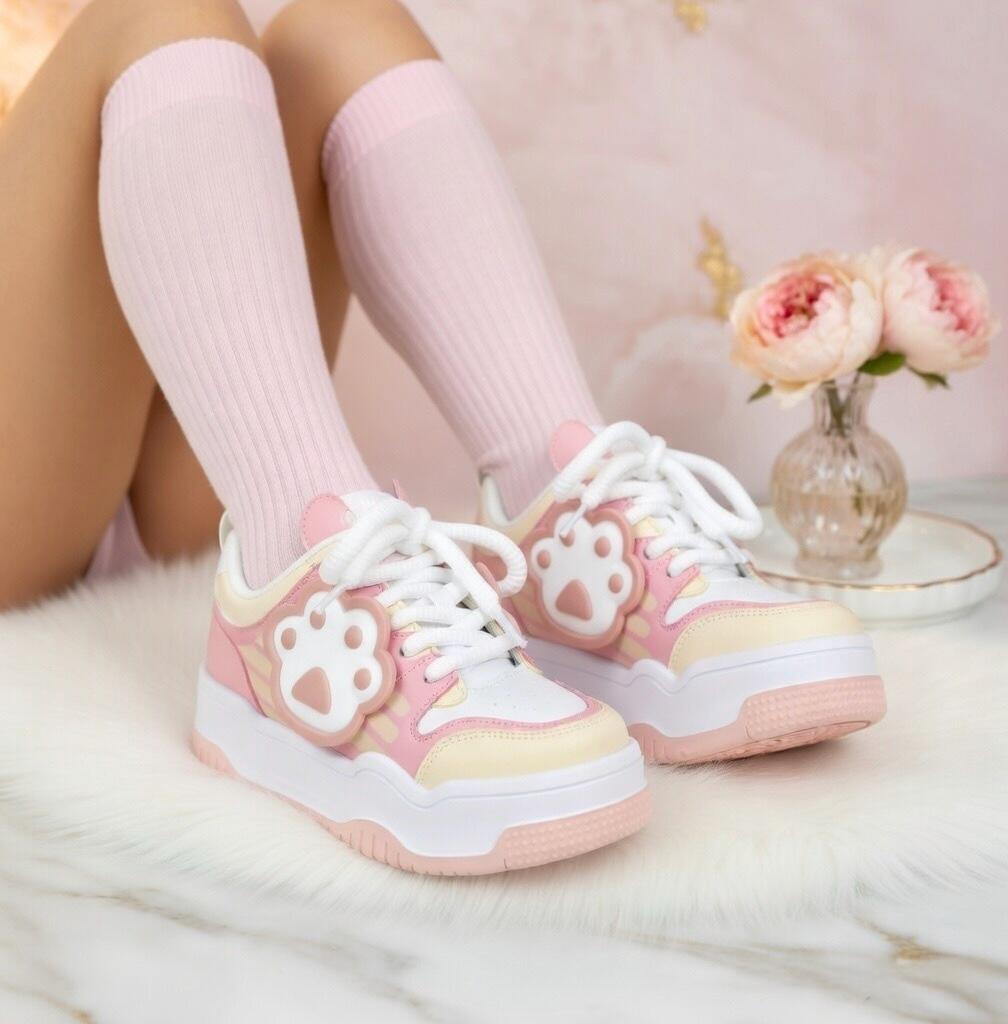 SoftSlipsy Cat Paw Platform Sneakers | White Chunky Kawaii Trainers, Korean Streetwear