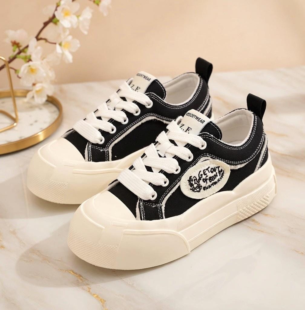 SoftSlipsy White Canvas Platform Sneakers Women – Thick Sole Casual Trainers, Soft Girl Style Shoes