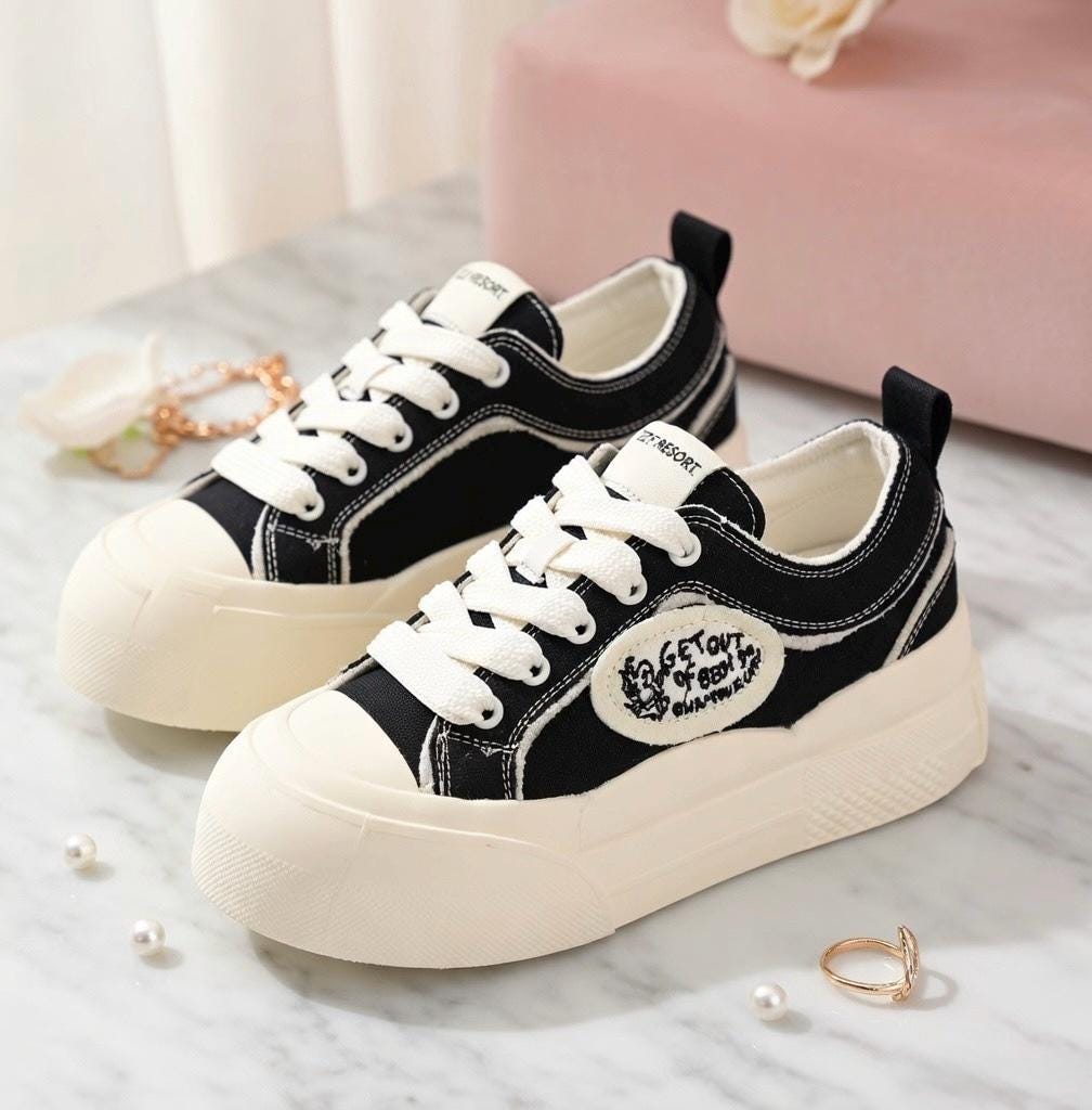 SoftSlipsy White Canvas Platform Sneakers Women – Thick Sole Casual Trainers, Soft Girl Style Shoes
