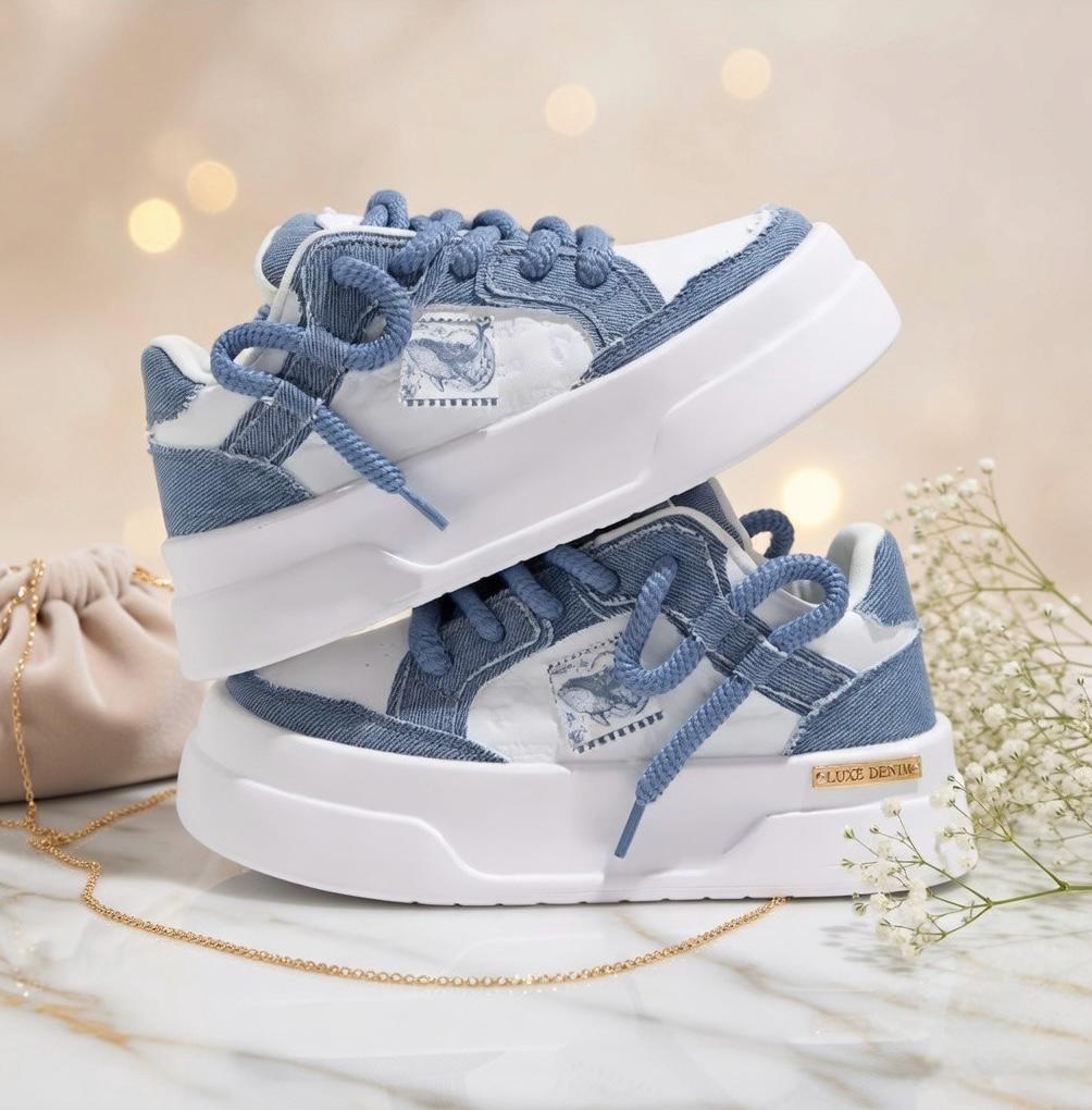 SoftSlipsy Blue Denim Platform Sneakers Women | Chunky Sole Skate Trainers Streetwear