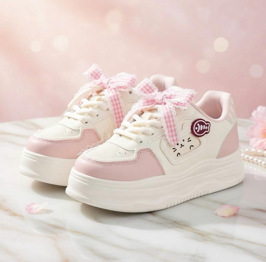 SoftSlipsy Kawaii Cat Platform Sneakers Women | Fish Detail Chunky Trainers, Casual Shoes