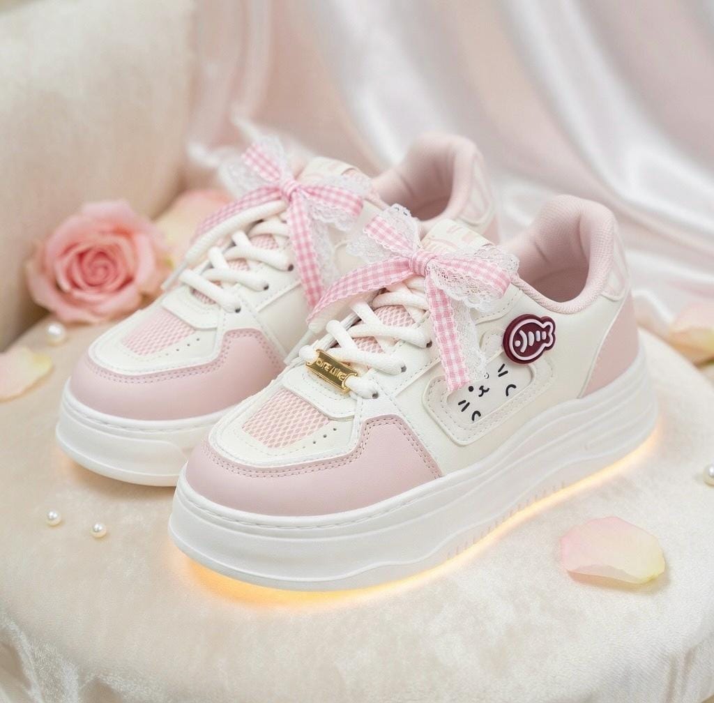 SoftSlipsy Kawaii Cat Platform Sneakers Women | Fish Detail Chunky Trainers, Casual Shoes