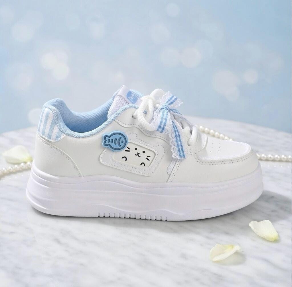SoftSlipsy Kawaii Cat Platform Sneakers Women | Fish Detail Chunky Trainers, Casual Shoes