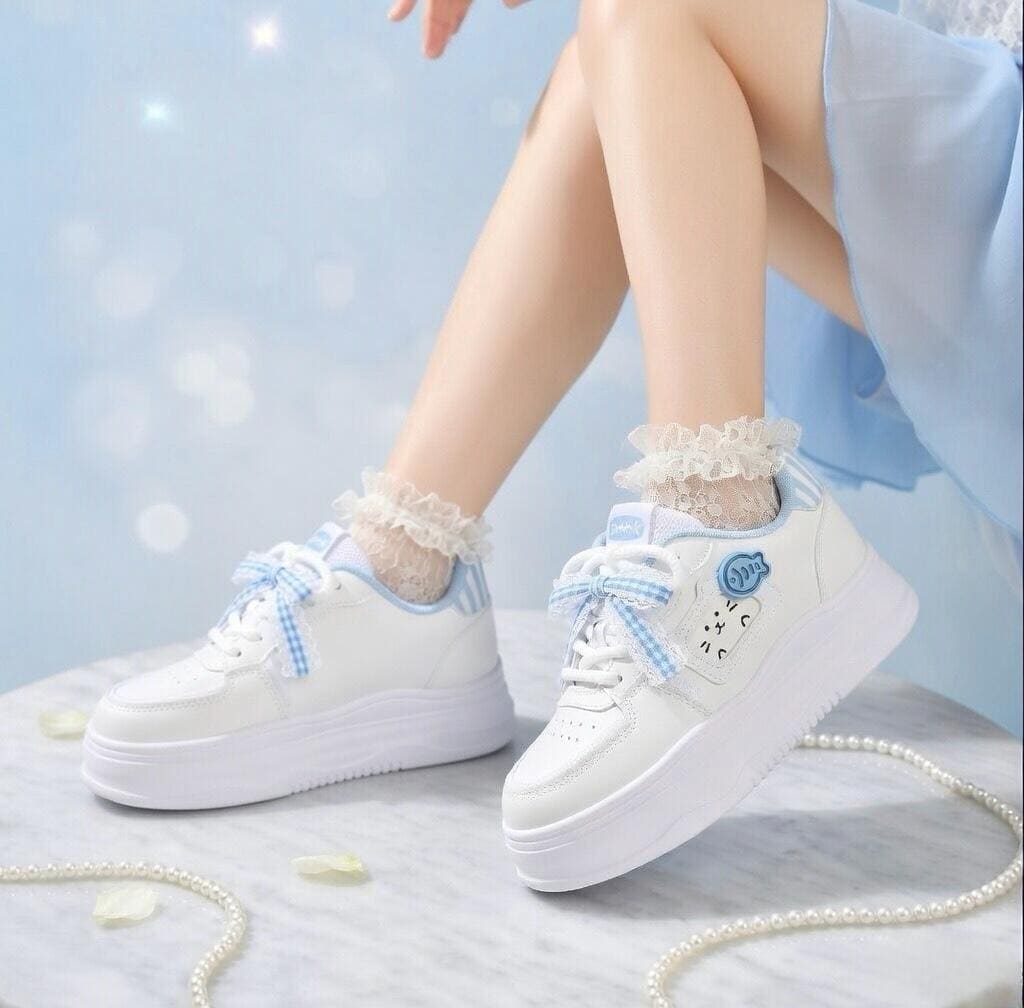 SoftSlipsy Kawaii Cat Platform Sneakers Women | Fish Detail Chunky Trainers, Casual Shoes