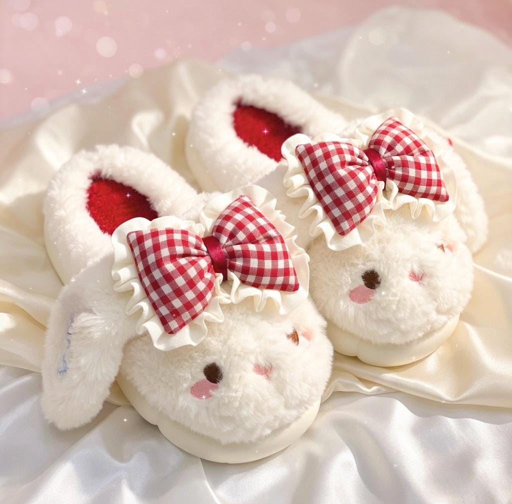 Coquette Bunny Slippers with Bow, Plush Kawaii Rabbit Indoor Shoes | SoftSlipsy