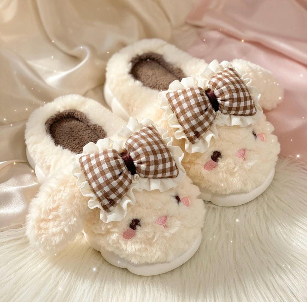 Coquette Bunny Slippers with Bow, Plush Kawaii Rabbit Indoor Shoes | SoftSlipsy