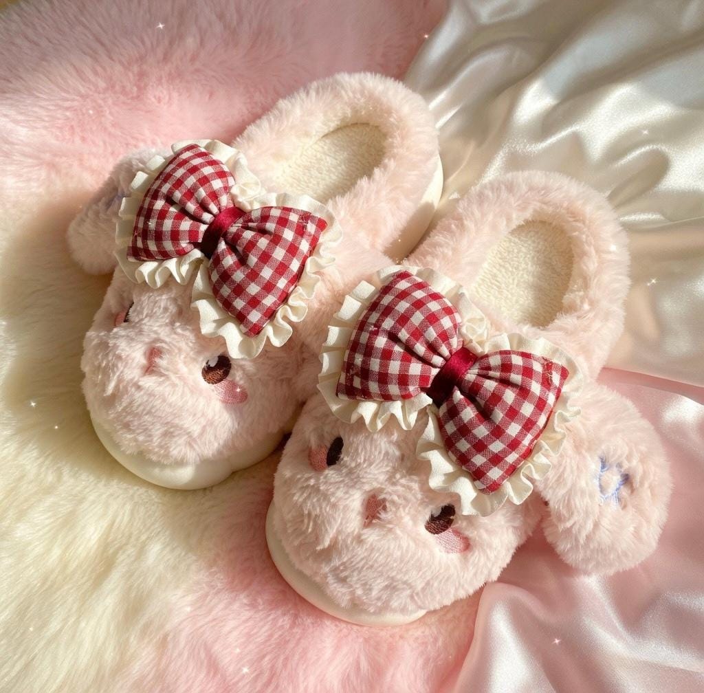 Coquette Bunny Slippers with Bow, Plush Kawaii Rabbit Indoor Shoes | SoftSlipsy
