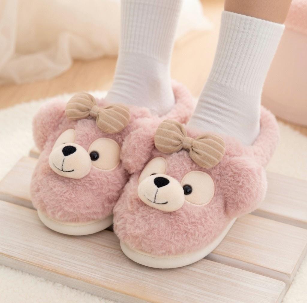 Plush Bow Bear Slippers | Cozy Teddy Bear Indoor Shoes for Women | SoftSlipsy