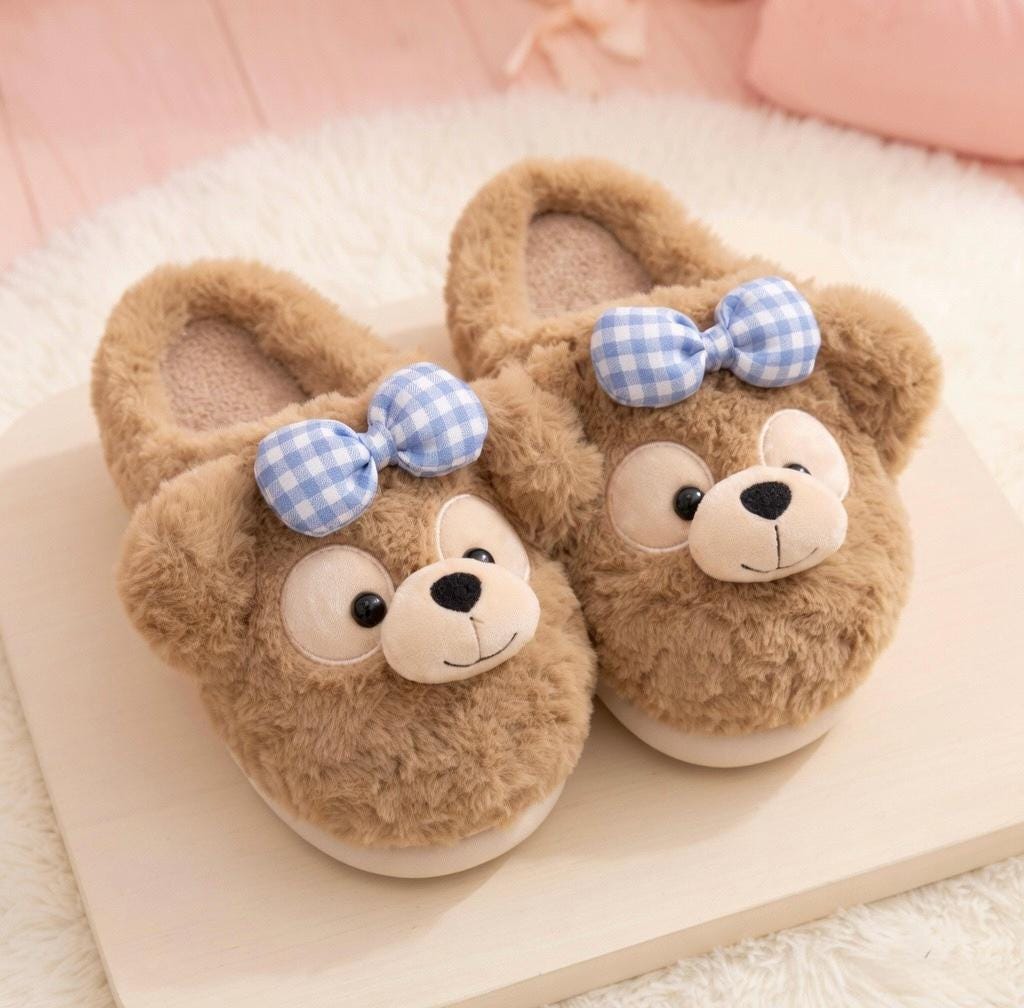 Plush Teddy Bear Slippers with Bow | Cozy Winter House Shoes | SoftSlipsy