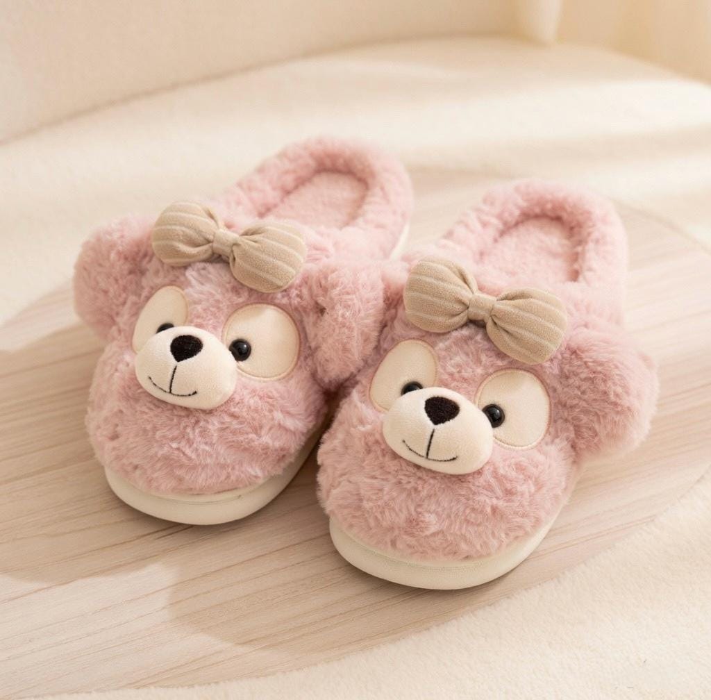 Plush Bow Bear Slippers | Cozy Teddy Bear Indoor Shoes for Women | SoftSlipsy
