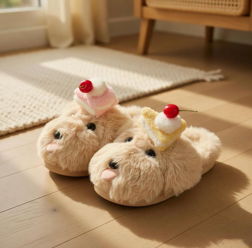 Women's Plush Dog Slippers with Cake | Fluffy Puppy House Shoes | Kawaii Footwear | SoftSlipsy