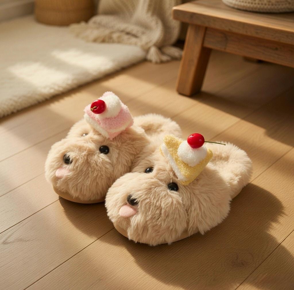Women's Plush Dog Slippers with Cake | Fluffy Puppy House Shoes | Kawaii Footwear | SoftSlipsy