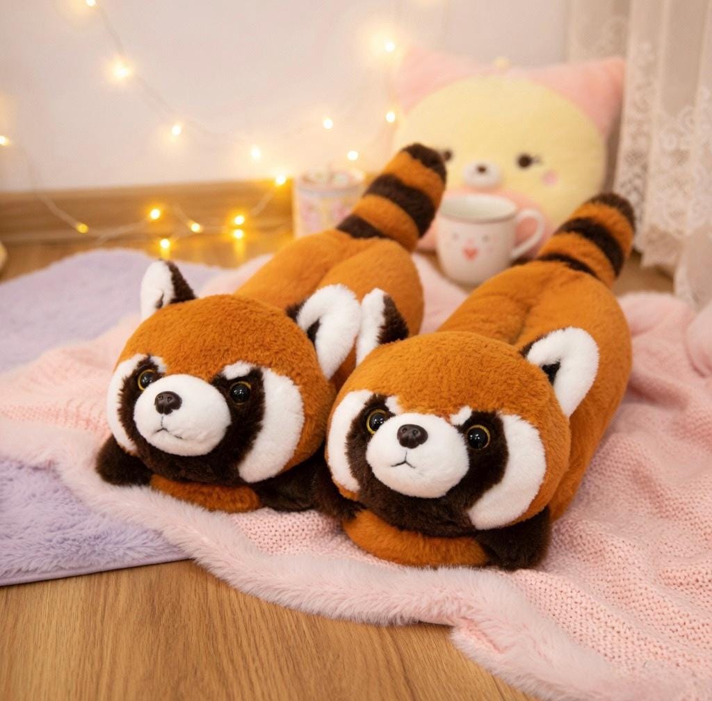 Red Panda Plush Slippers | Fluffy Animal Cozy House Shoes | SoftSlipsy