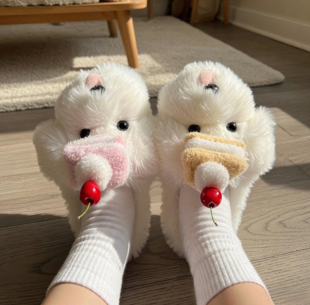 Women's Plush Dog Slippers with Cake | Fluffy Puppy House Shoes | Kawaii Footwear | SoftSlipsy
