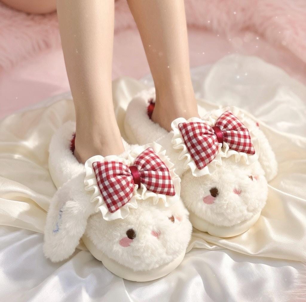 Coquette Bunny Slippers with Bow, Plush Kawaii Rabbit Indoor Shoes | SoftSlipsy