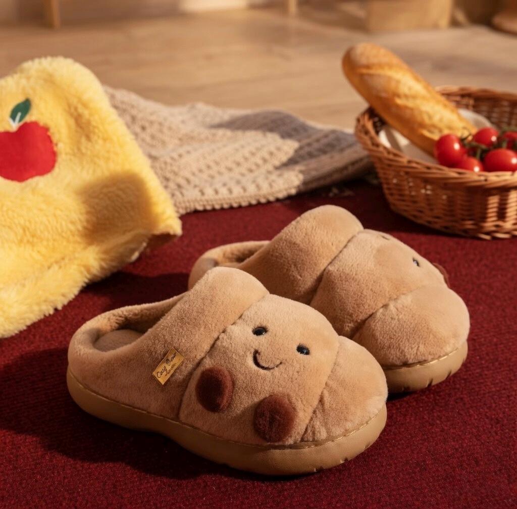 Women's Plush Croissant Slippers, Cozy Bread House Shoes, Soft Winter Indoor Footwear | SoftSlipsy