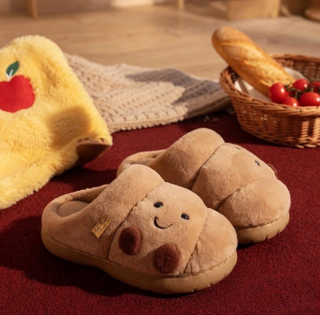 Women's Plush Croissant Slippers, Cozy Bread House Shoes, Soft Winter Indoor Footwear | SoftSlipsy