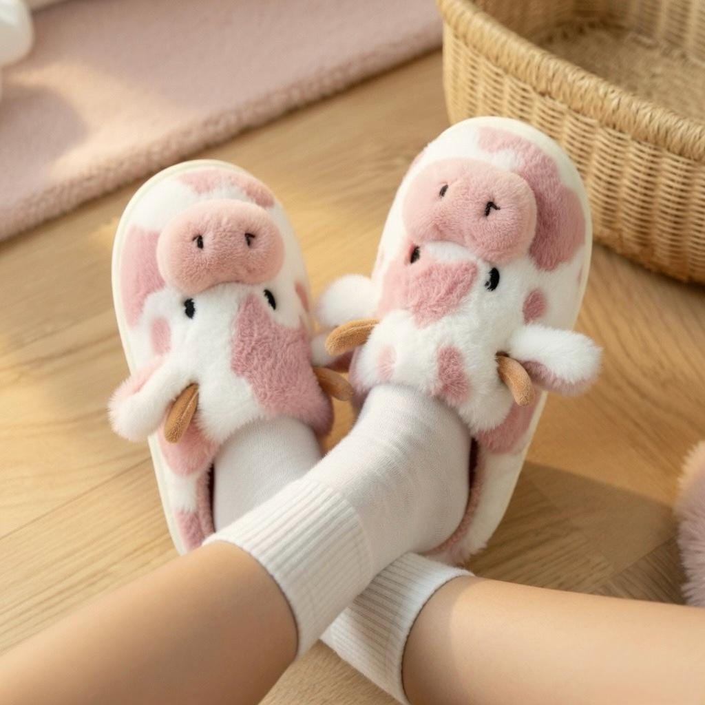 Fluffy Cow Plush Slippers | Cozy Fuzzy Indoor Shoes for Women | SoftSlipsy