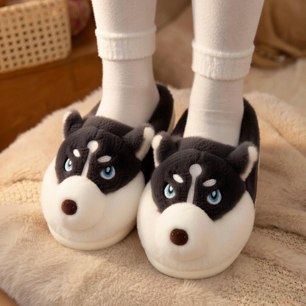 Plush Husky Slippers | Cozy Dog Face Indoor Shoes for Women | SoftSlipsy