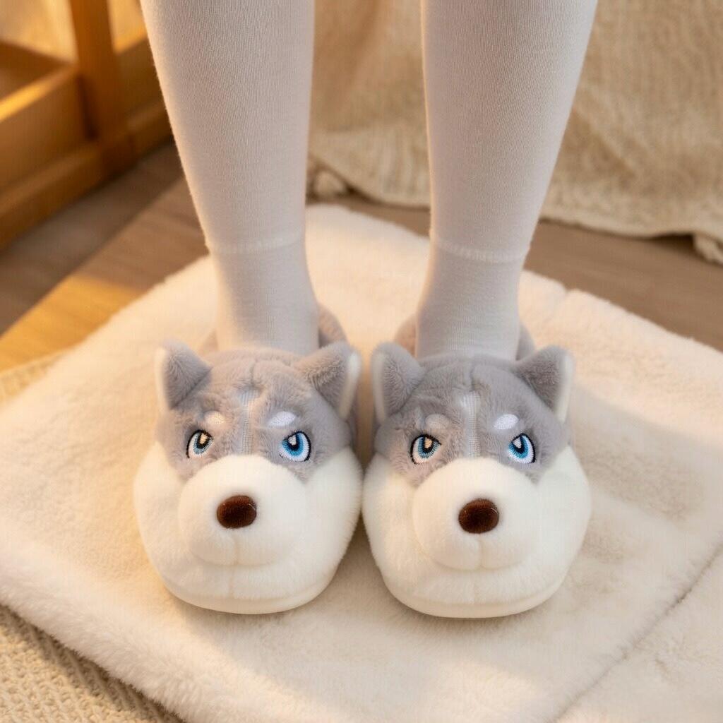Plush Husky Slippers | Fluffy Dog Face Indoor Shoes, Cozy Warmth | SoftSlipsy
