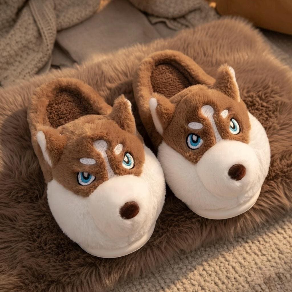 Plush Husky Slippers | Fluffy Dog Face Indoor Shoes, Cozy Warmth | SoftSlipsy
