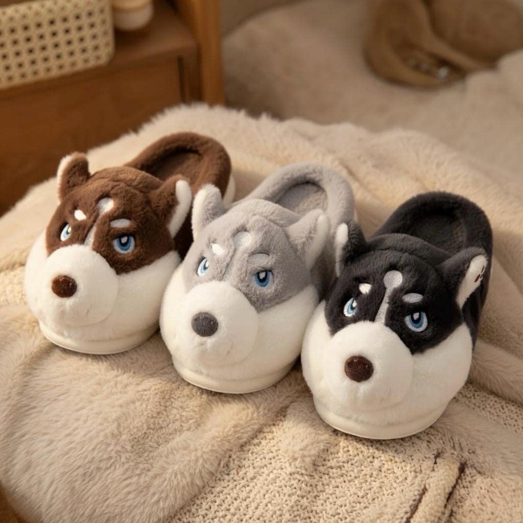 Plush Husky Slippers | Fluffy Dog Face Indoor Shoes, Cozy Warmth | SoftSlipsy