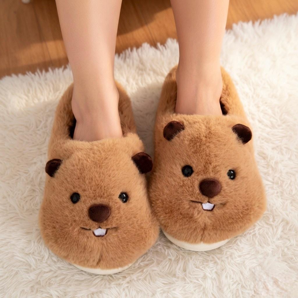 Fluffy Beaver Plush Slippers | Cozy Cartoon Animal House Shoes | SoftSlipsy