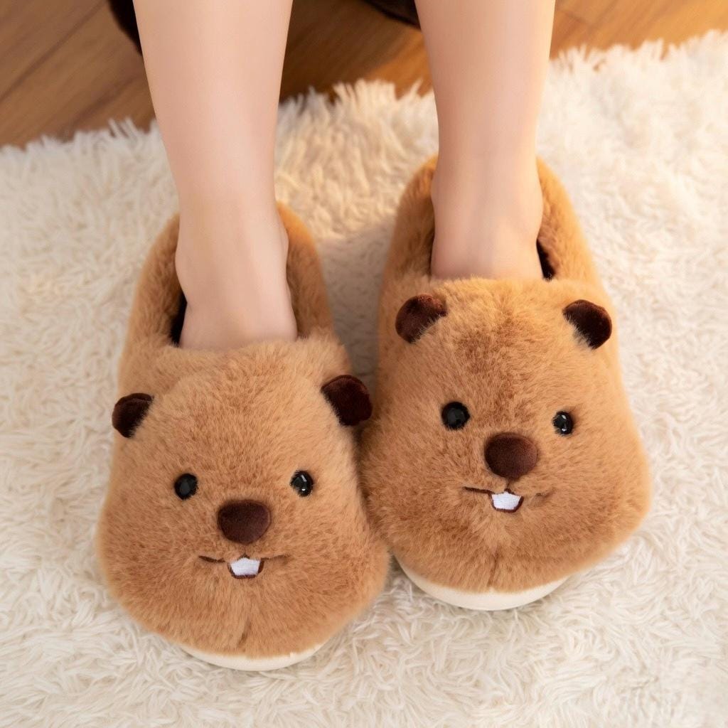 Fluffy Beaver Plush Slippers | Cozy Cartoon Animal House Shoes | SoftSlipsy