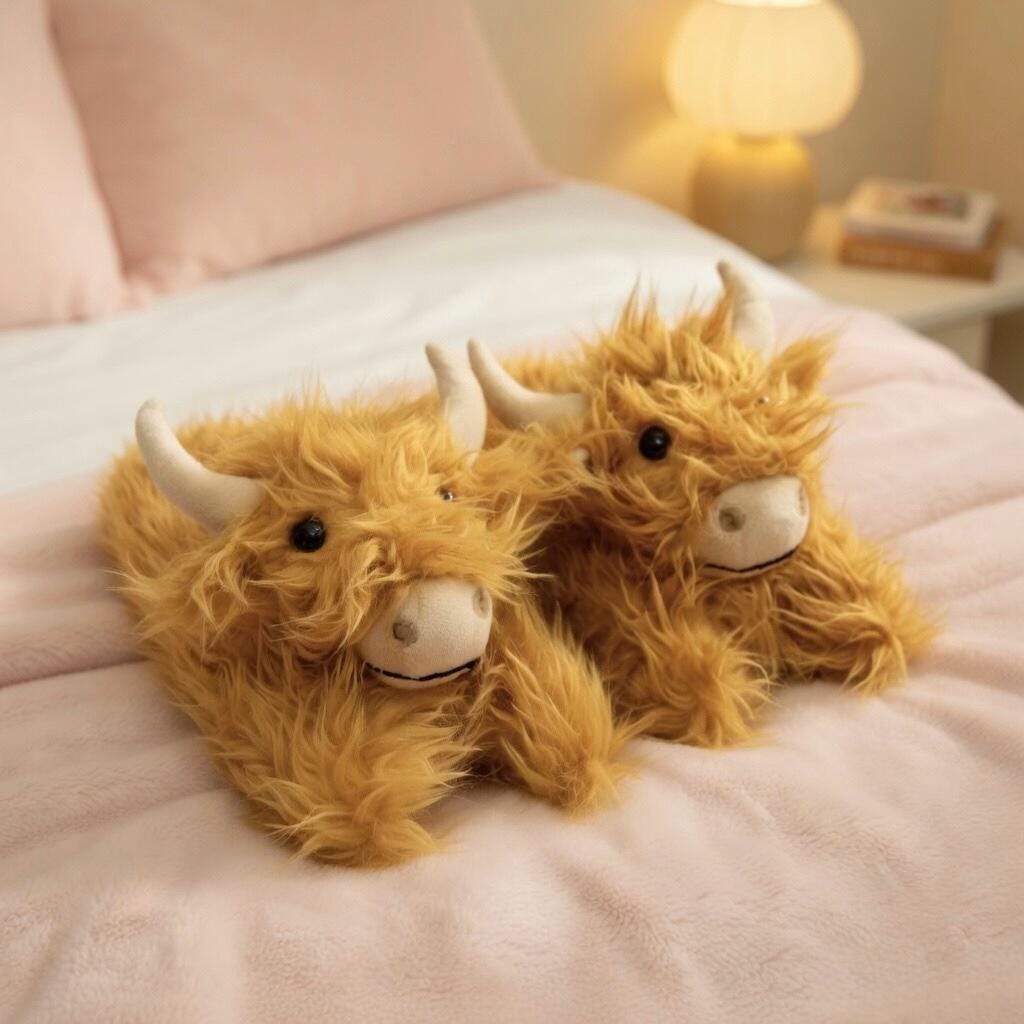 Highland Cow Plush Slippers | Fluffy Scottish Animal Cozy Indoor Shoes | SoftSlipsy