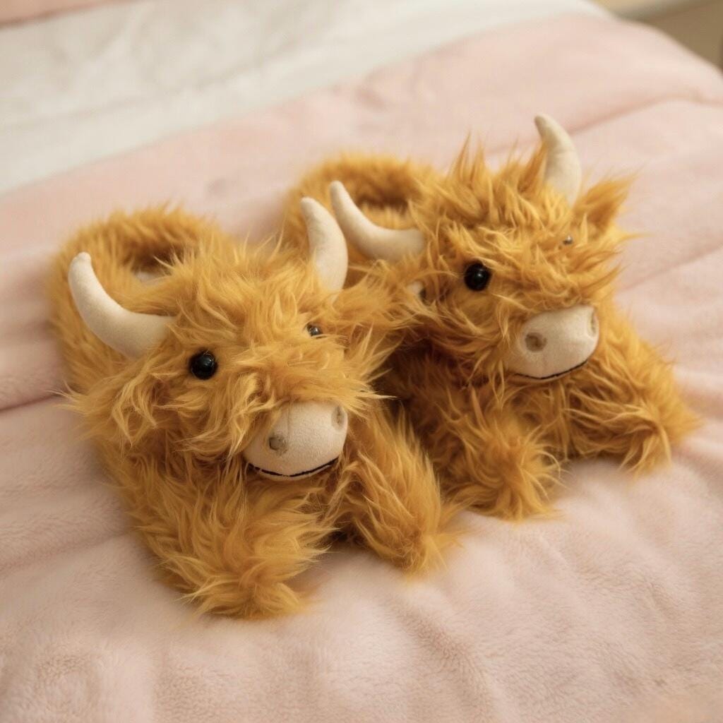Highland Cow Plush Slippers | Fluffy Scottish Animal Cozy Indoor Shoes | SoftSlipsy