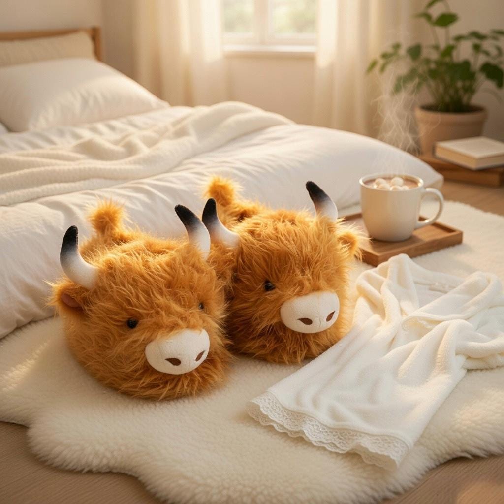 Highland Cow Plush Slippers | Fluffy Animal House Shoes, Cozy Indoor Comfort | SoftSlipsy