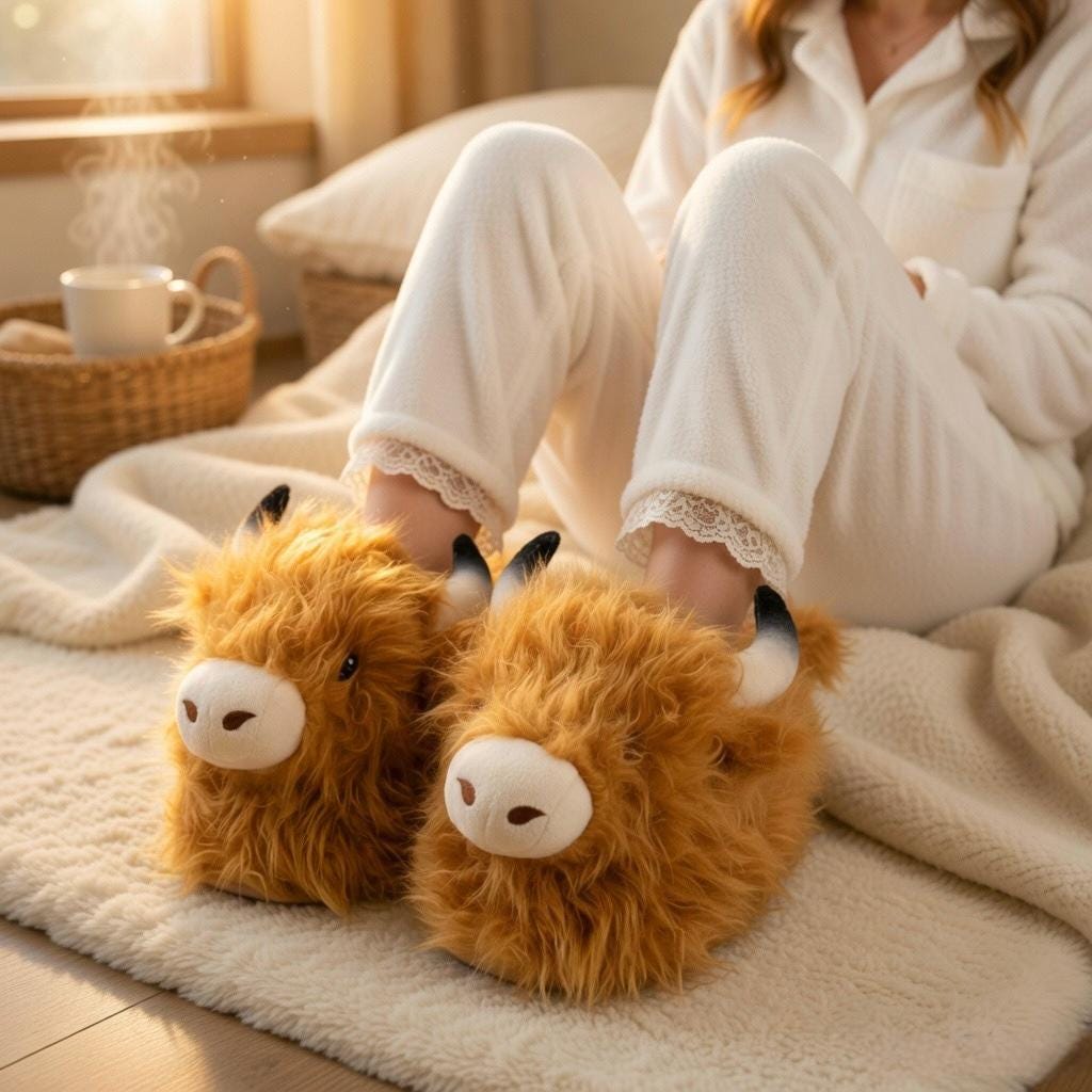 Highland Cow Plush Slippers | Fluffy Animal House Shoes, Cozy Indoor Comfort | SoftSlipsy