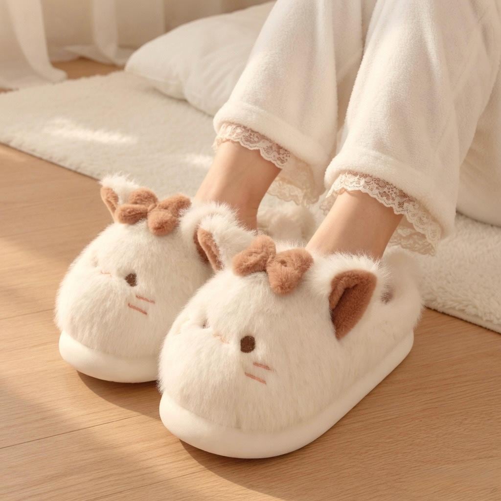 Kawaii Cat Plush Slippers | Bow Detail Cozy House Shoes | SoftSlipsy