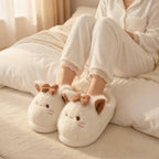 Plush Cat Slippers with Bow | Kawaii Cartoon Indoor House Shoes | SoftSlipsy