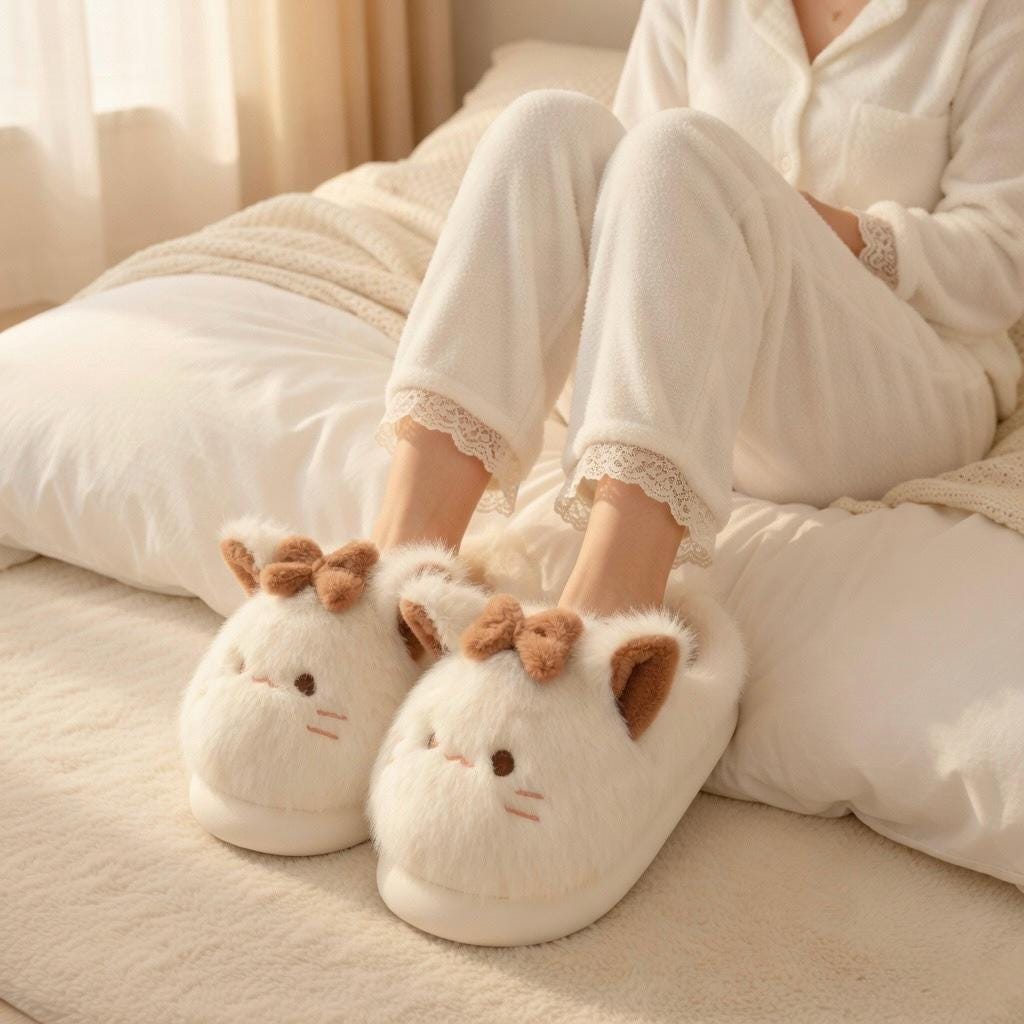 Kawaii Cat Plush Slippers | Bow Detail Cozy House Shoes | SoftSlipsy