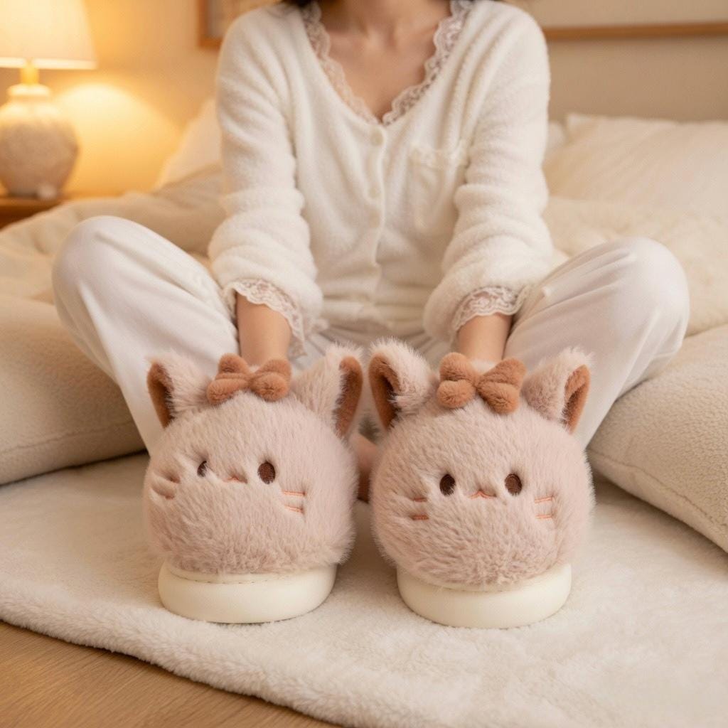 Plush Cat Slippers with Bow | Kawaii Cartoon Indoor House Shoes | SoftSlipsy